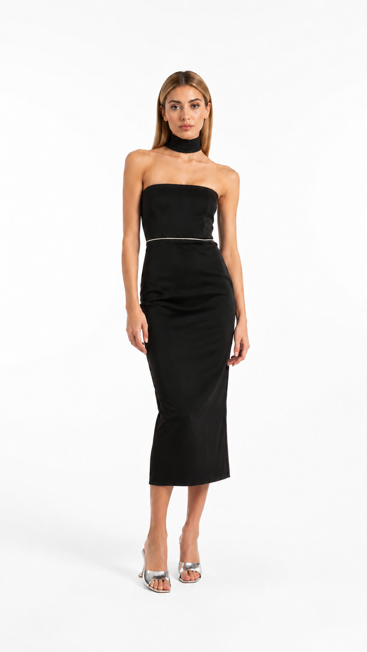 Black Strapless Belted Midi Dress – NOIRELLE