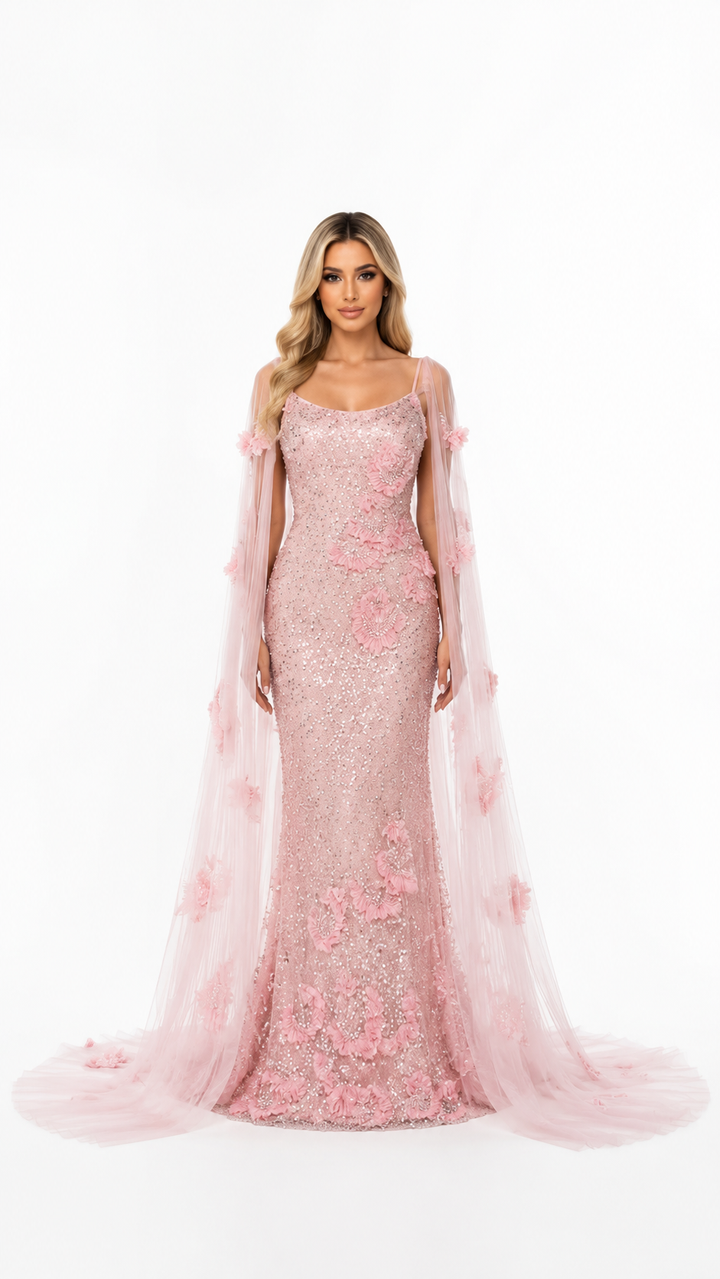 Floral Crystal Cape Gown – ROSELLE