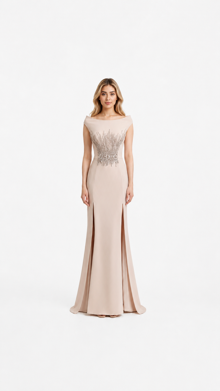 Champagne Crystal Embellished Evening Dress – LORÉVIA