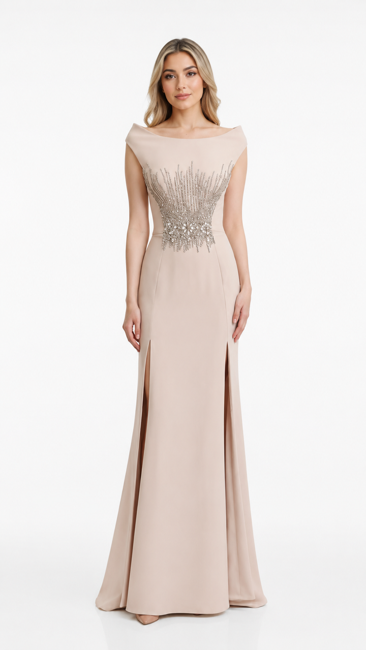 Champagne Crystal Embellished Evening Dress – LORÉVIA