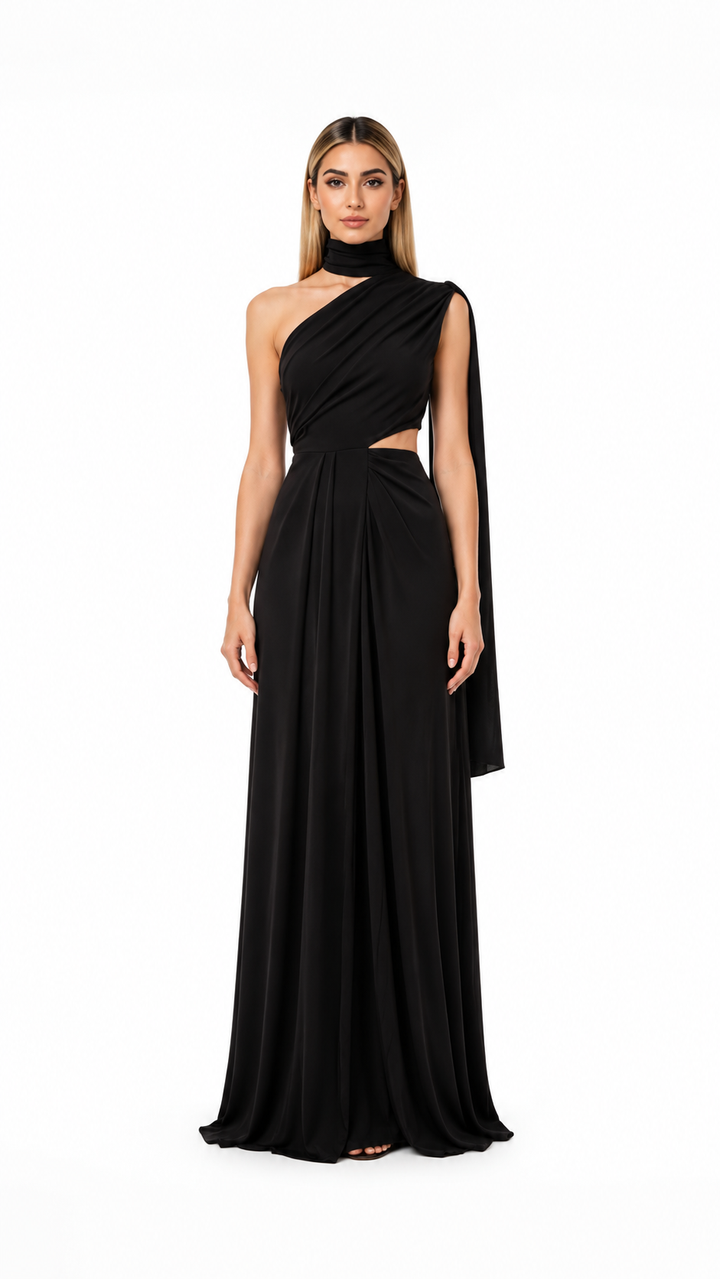 Black One-Shoulder Cutout Draped Evening Dress – NOREVÉ