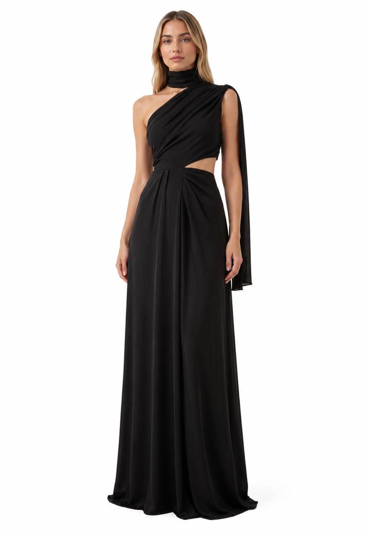 Black One-Shoulder Cutout Draped Evening Dress – NOREVÉ