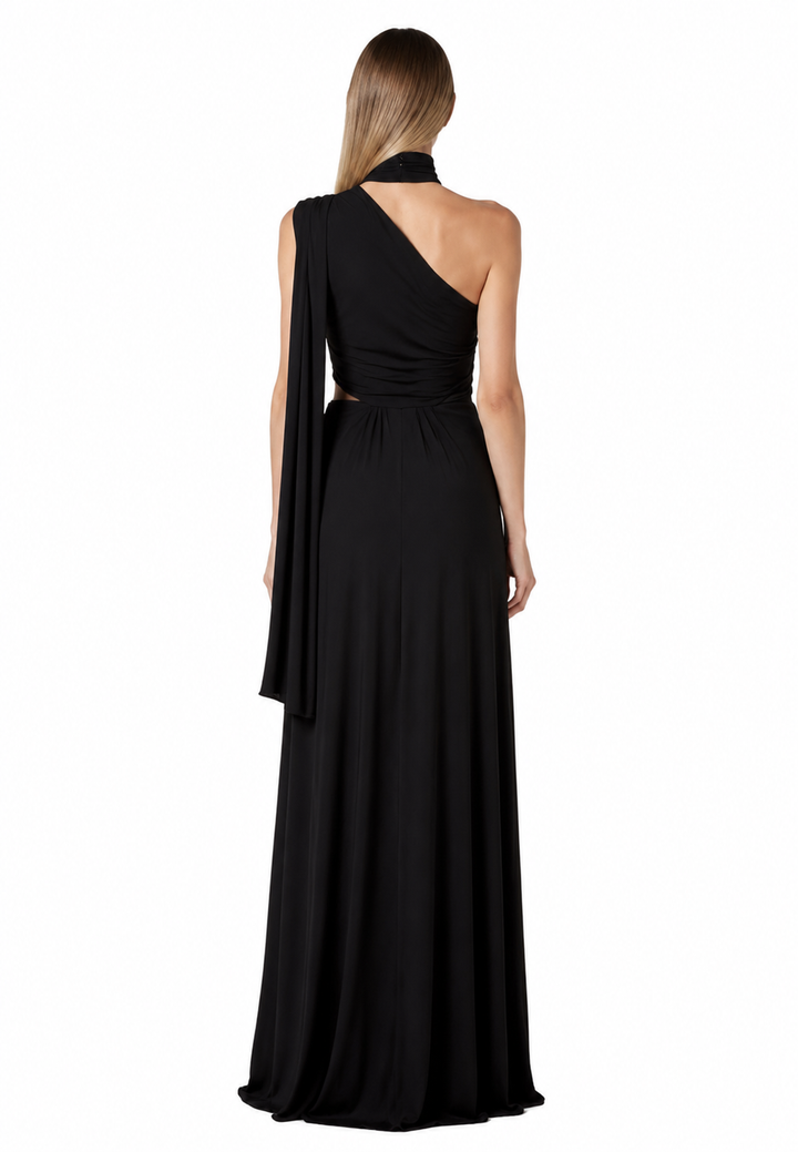 Black One-Shoulder Cutout Draped Evening Dress – NOREVÉ