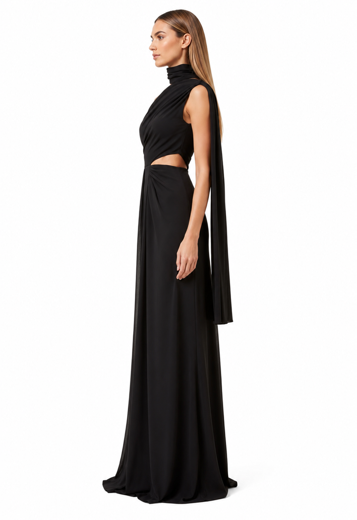 Black One-Shoulder Cutout Draped Evening Dress – NOREVÉ
