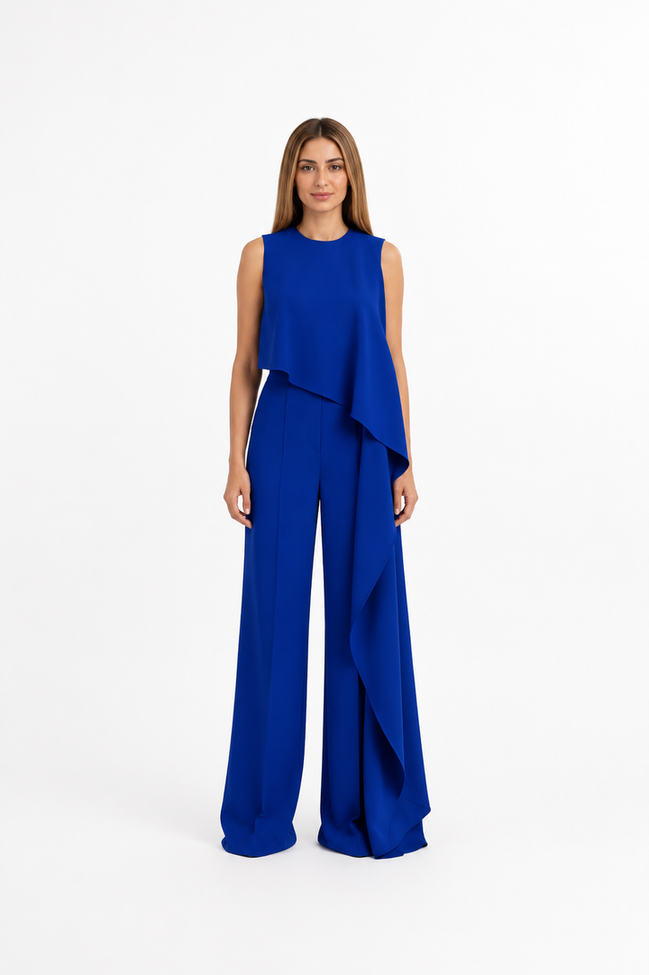 Royal Blue Draped Wide-Leg Jumpsuit – AZVÉRA