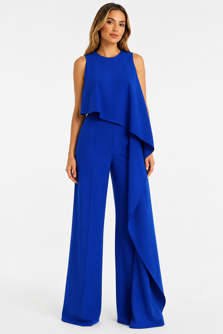 Royal Blue Draped Wide-Leg Jumpsuit – AZVÉRA