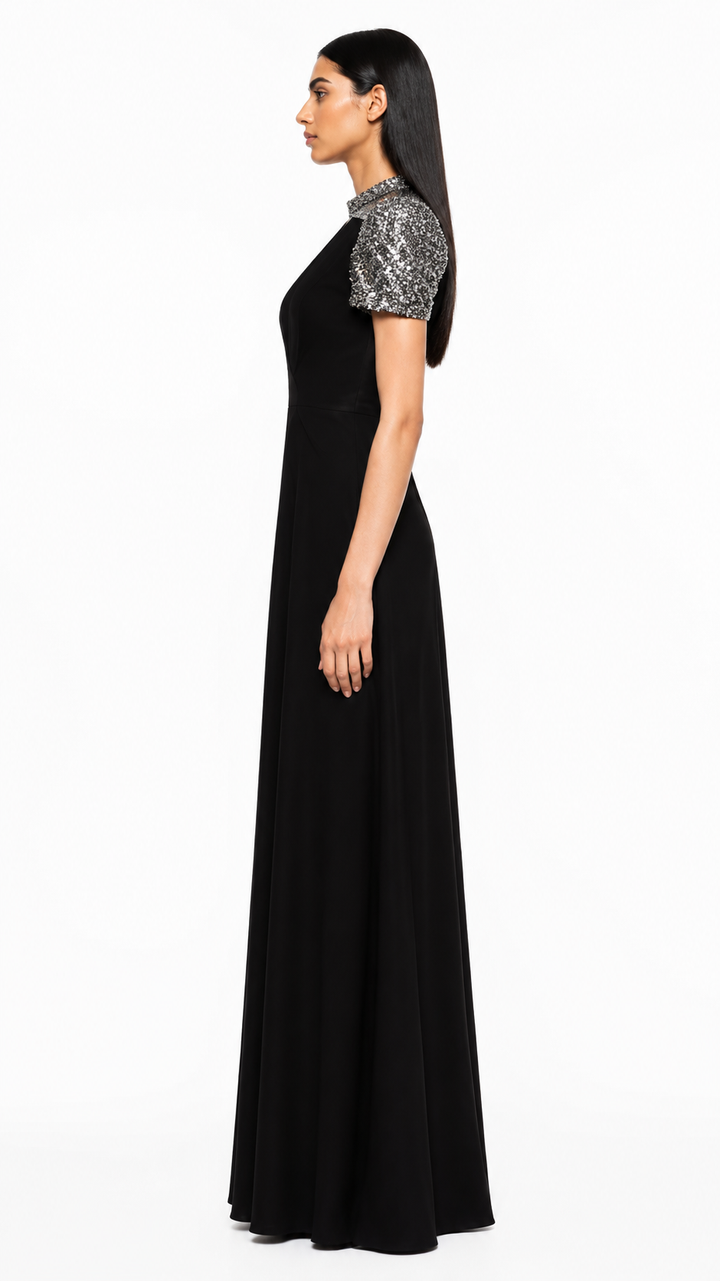 Black Sequin Shoulder Evening Dress – LUXAVIA
