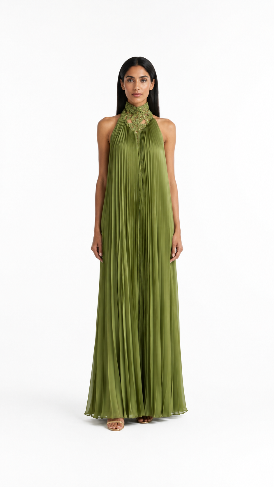 Olive Green Pleated Embellished Halter Evening Dress – OLIVÉRA