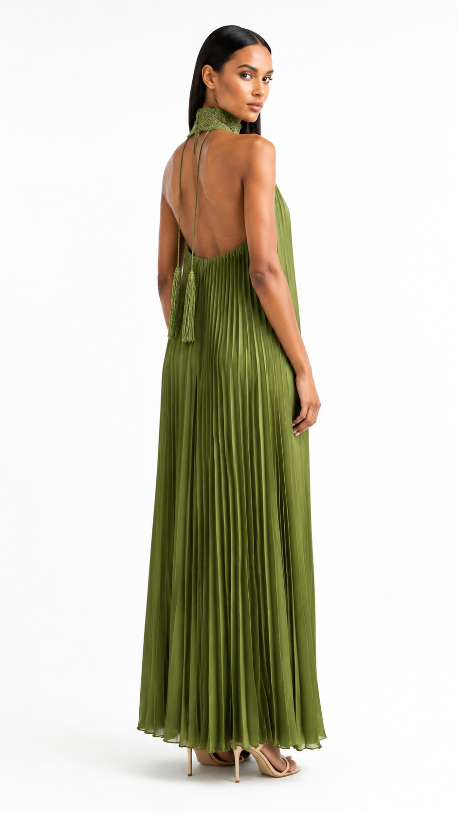 Olive Green Pleated Embellished Halter Evening Dress – OLIVÉRA