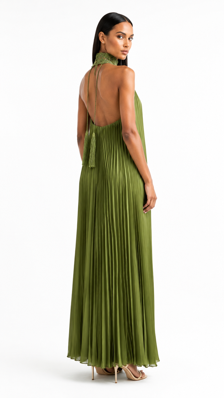 Olive Green Pleated Embellished Halter Evening Dress – OLIVÉRA