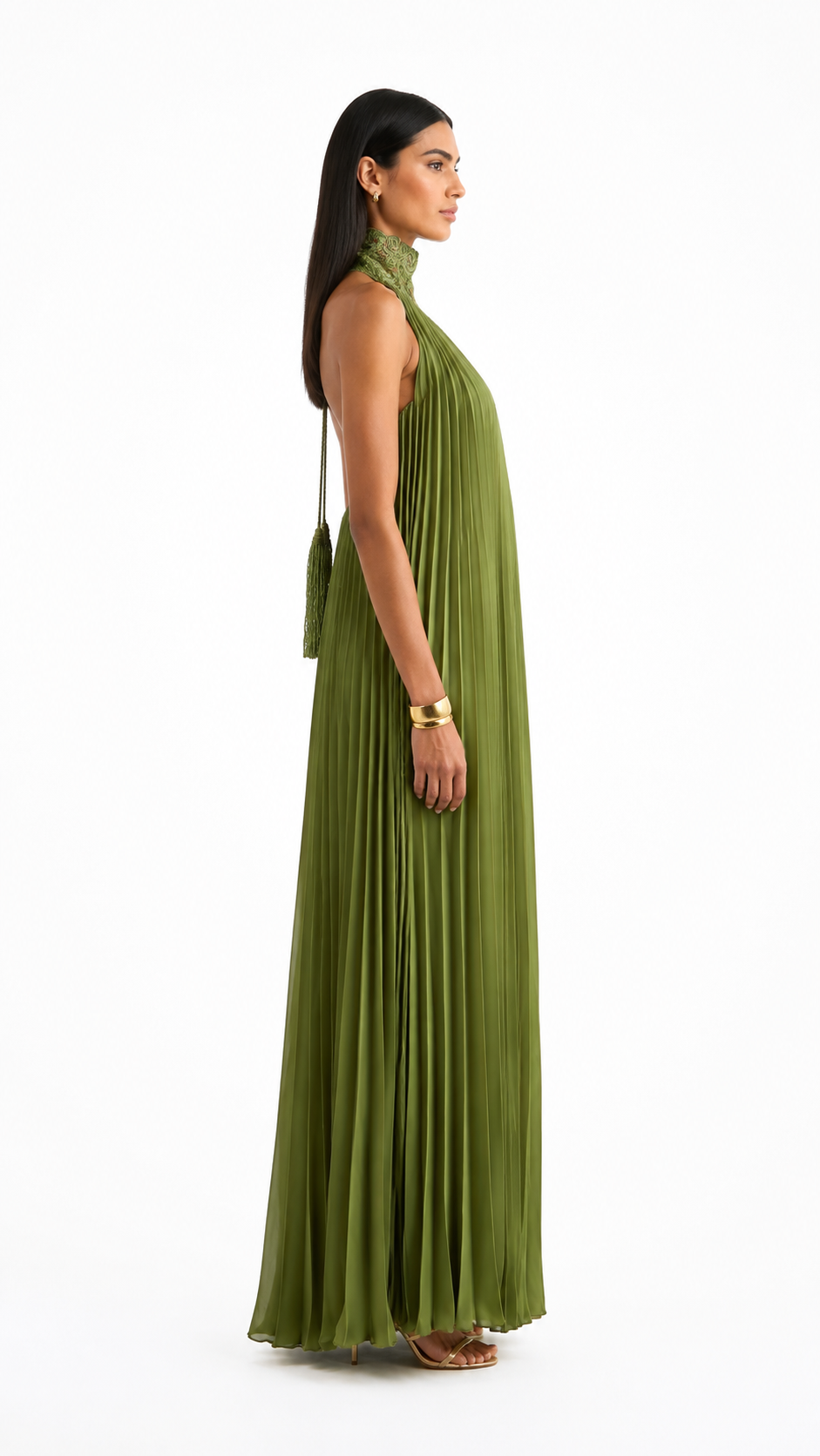 Olive Green Pleated Embellished Halter Evening Dress – OLIVÉRA