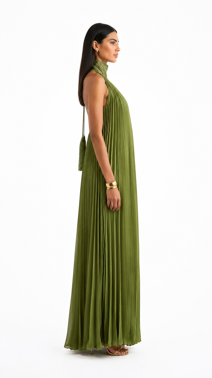 Olive Green Pleated Embellished Halter Evening Dress – OLIVÉRA
