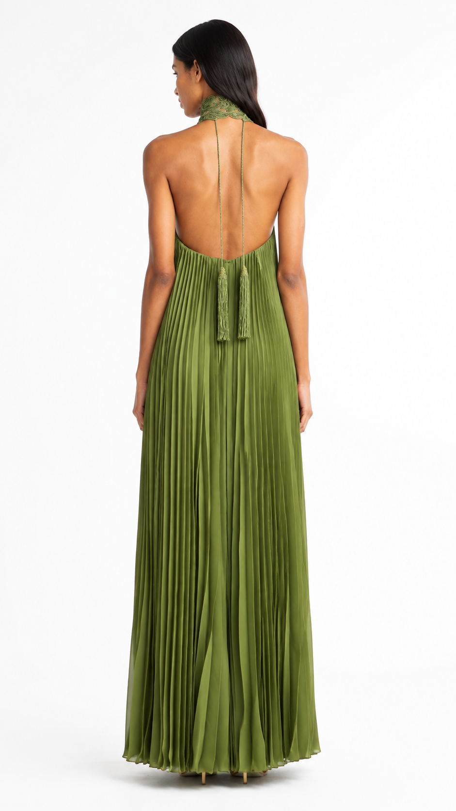 Olive Green Pleated Embellished Halter Evening Dress – OLIVÉRA