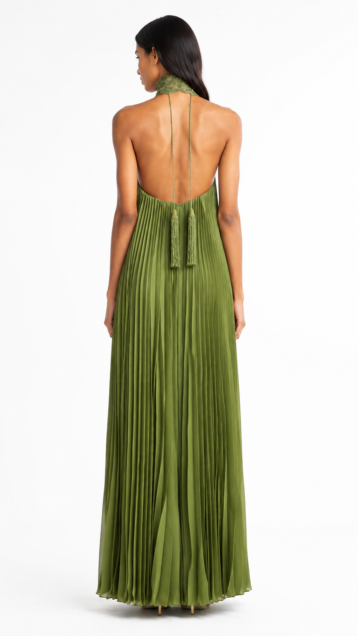 Olive Green Pleated Embellished Halter Evening Dress – OLIVÉRA