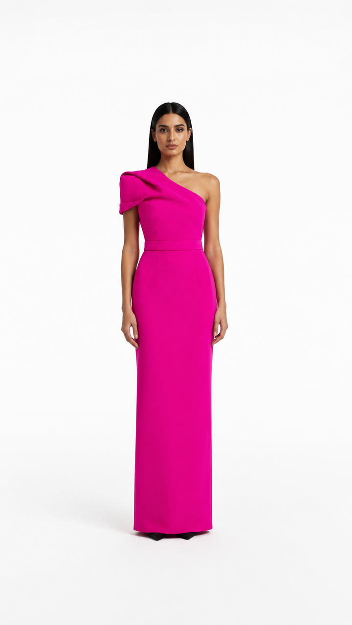Fuchsia One-Shoulder Draped Evening Dress – FIORELLA