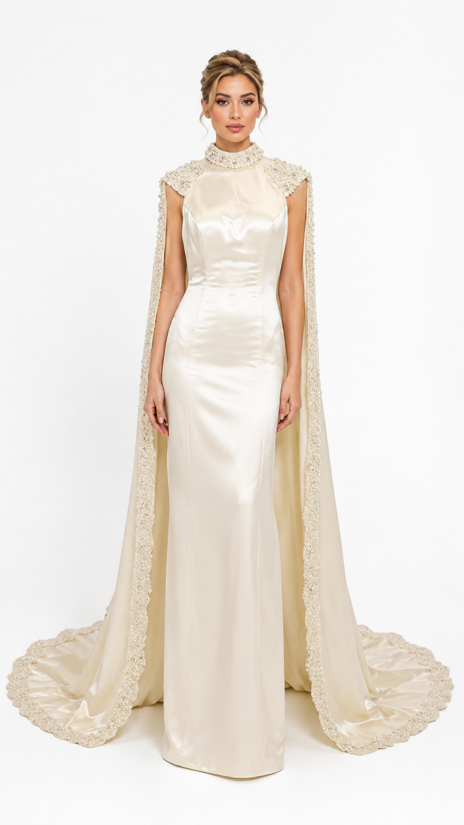 Ivory Satin Pearl Embellished Cape Evening Dress – PEARLÉVA