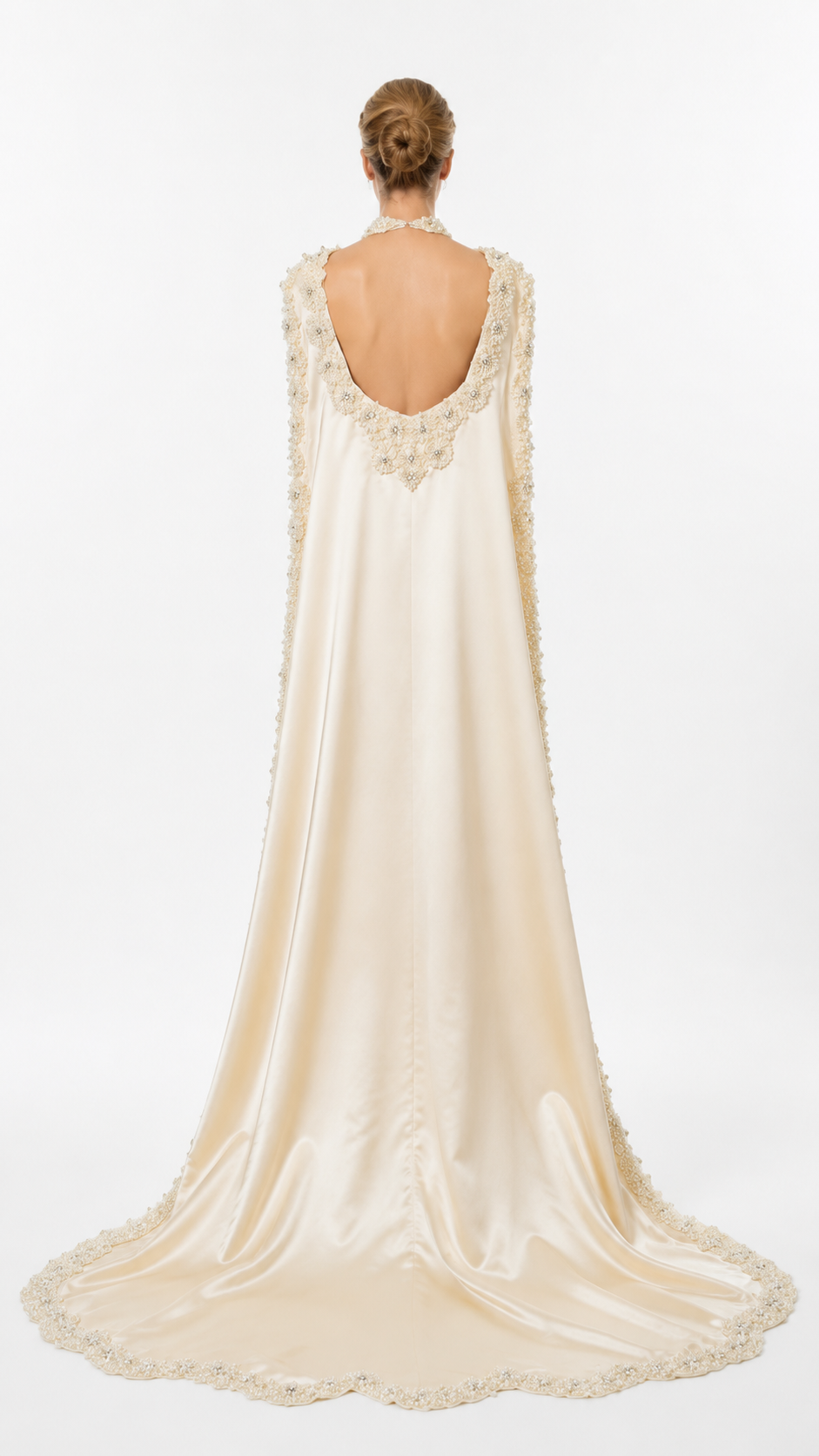 Ivory Satin Pearl Embellished Cape Evening Dress – PEARLÉVA
