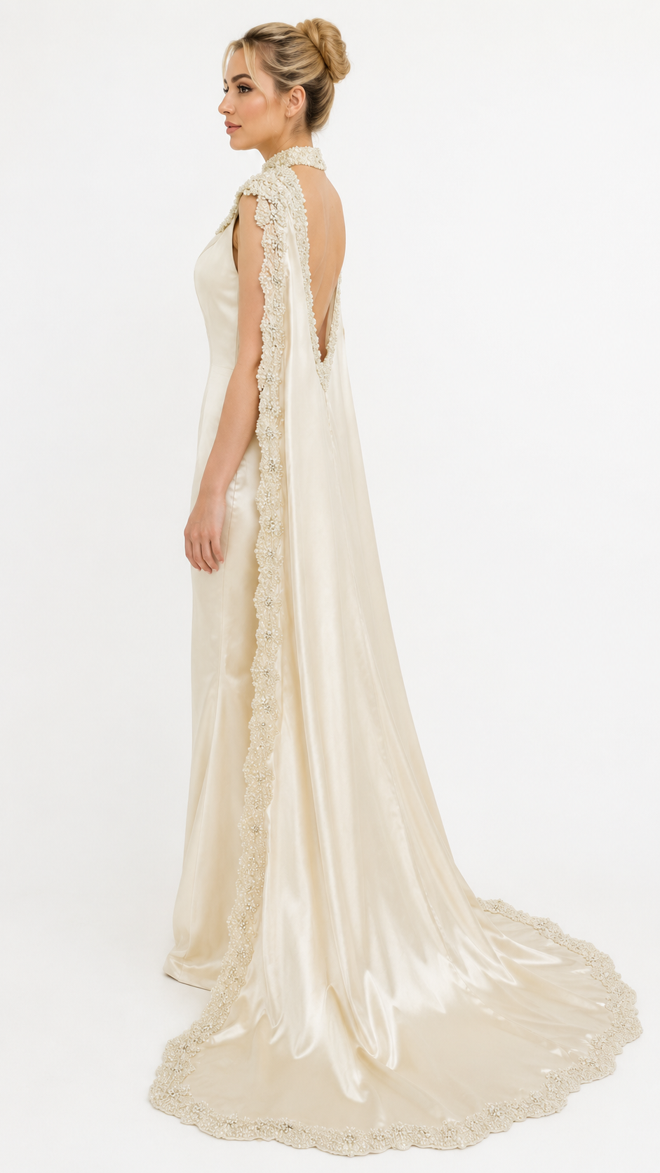 Ivory Satin Pearl Embellished Cape Evening Dress – PEARLÉVA