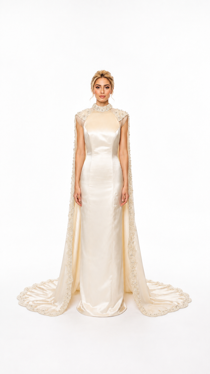 Ivory Satin Pearl Embellished Cape Evening Dress – PEARLÉVA