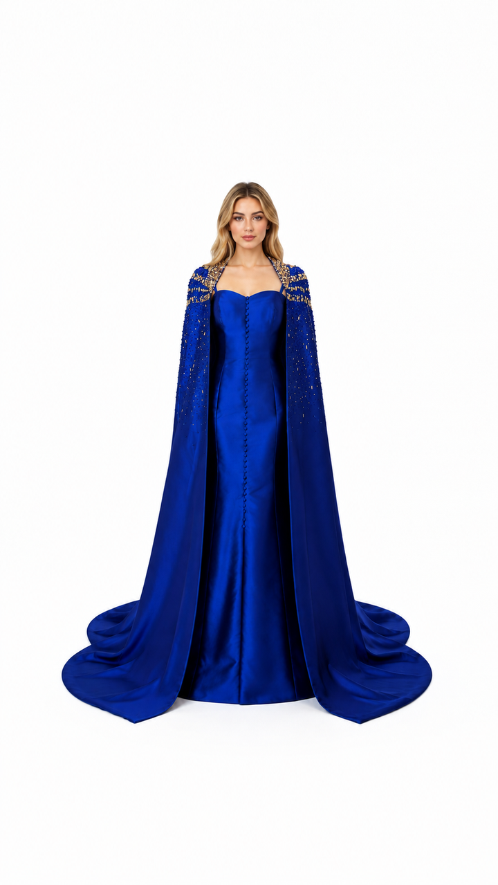 Royal Blue Embellished Cape Evening Dress – AZURÉLLE