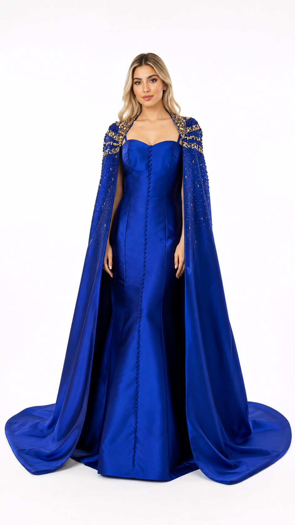 Royal Blue Embellished Cape Evening Dress – AZURÉLLE