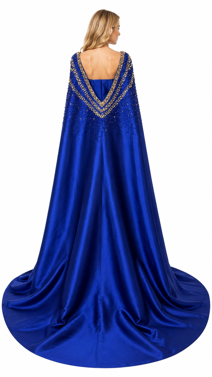 Royal Blue Embellished Cape Evening Dress – AZURÉLLE