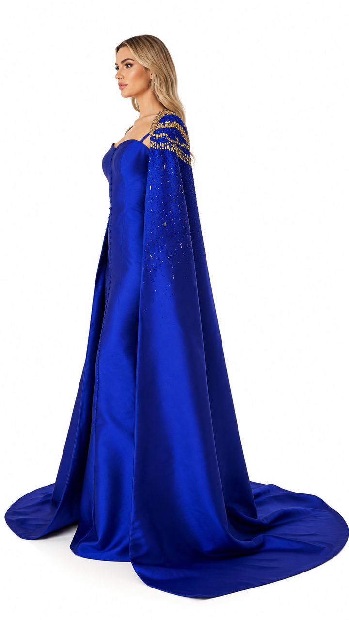 Royal Blue Embellished Cape Evening Dress – AZURÉLLE