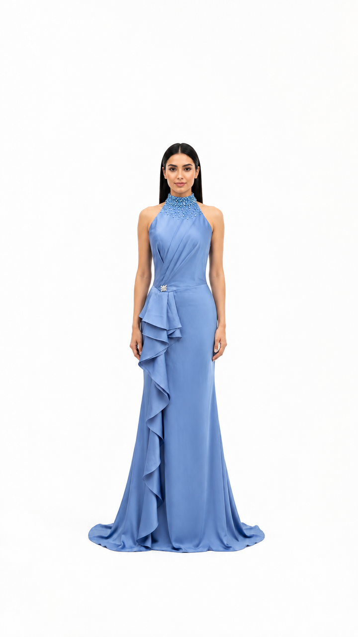 Powder Blue Crystal Halter Ruffle Evening Dress – AQUÉLIA