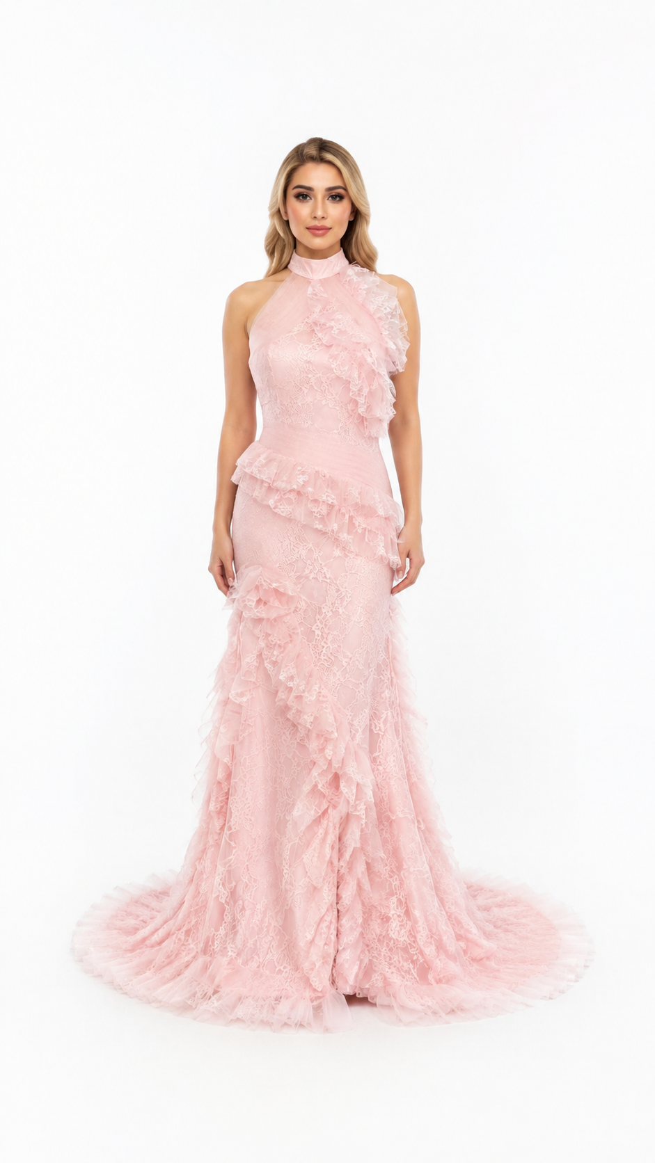 Blush Pink Lace Ruffle Halter Evening Dress – ROSAVÉL