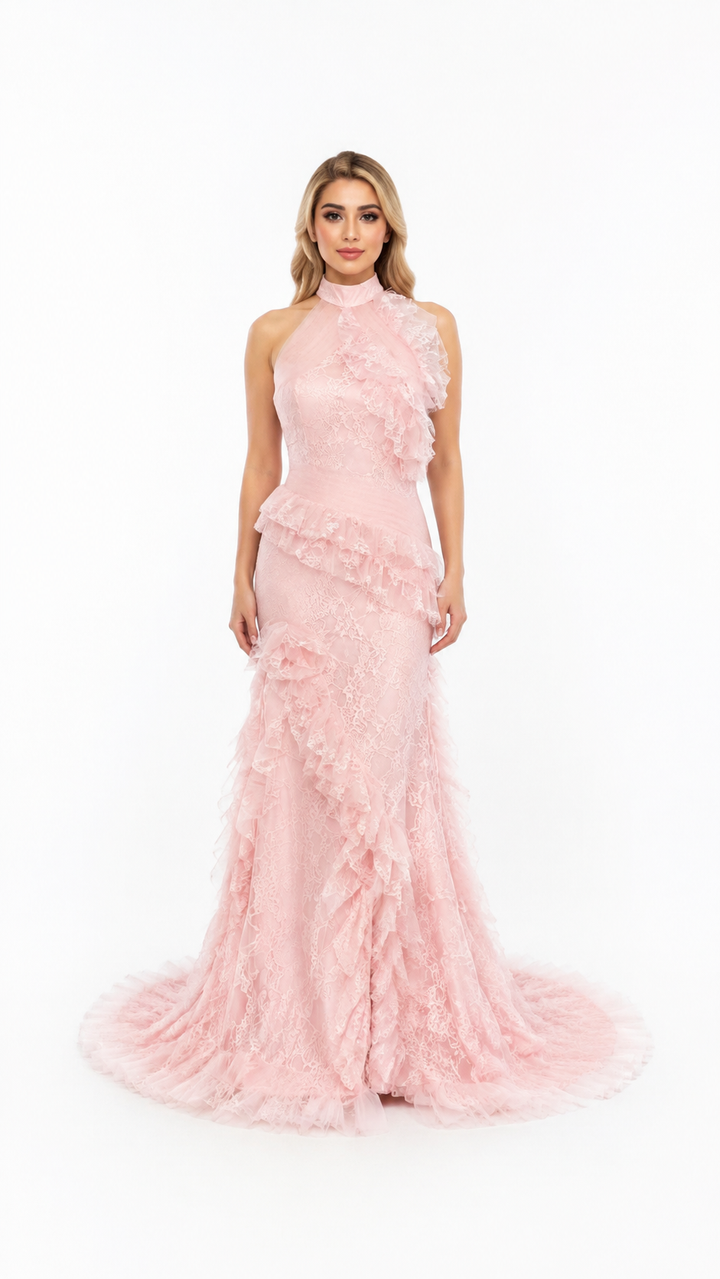 Blush Pink Lace Ruffle Halter Evening Dress – ROSAVÉL