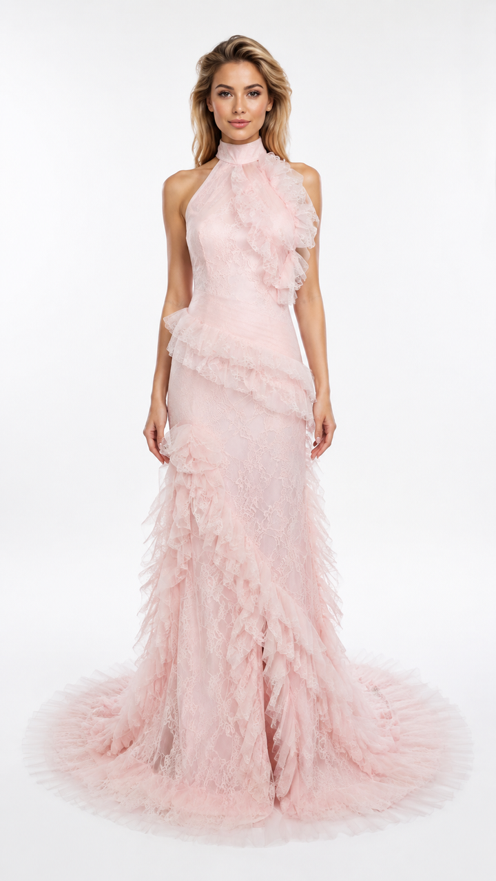 Blush Pink Lace Ruffle Halter Evening Dress – ROSAVÉL