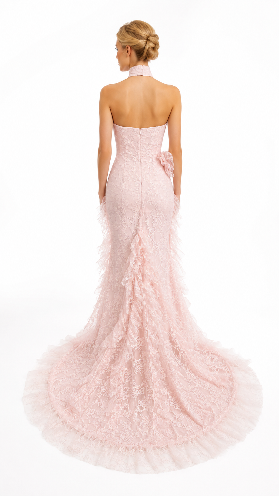 Blush Pink Lace Ruffle Halter Evening Dress – ROSAVÉL