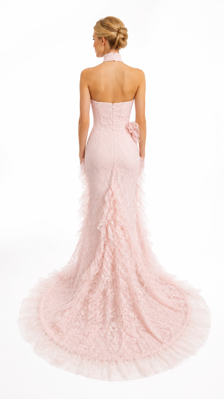 Blush Pink Lace Ruffle Halter Evening Dress – ROSAVÉL