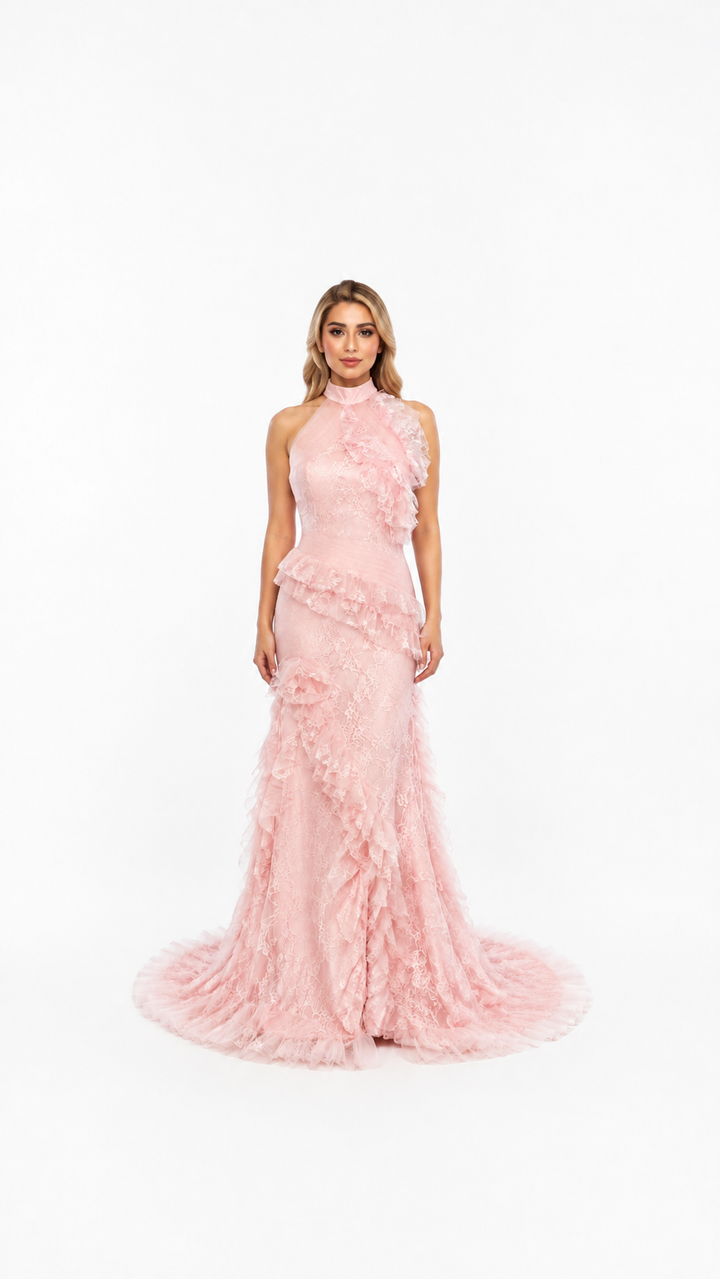 Blush Pink Lace Ruffle Halter Evening Dress – ROSAVÉL