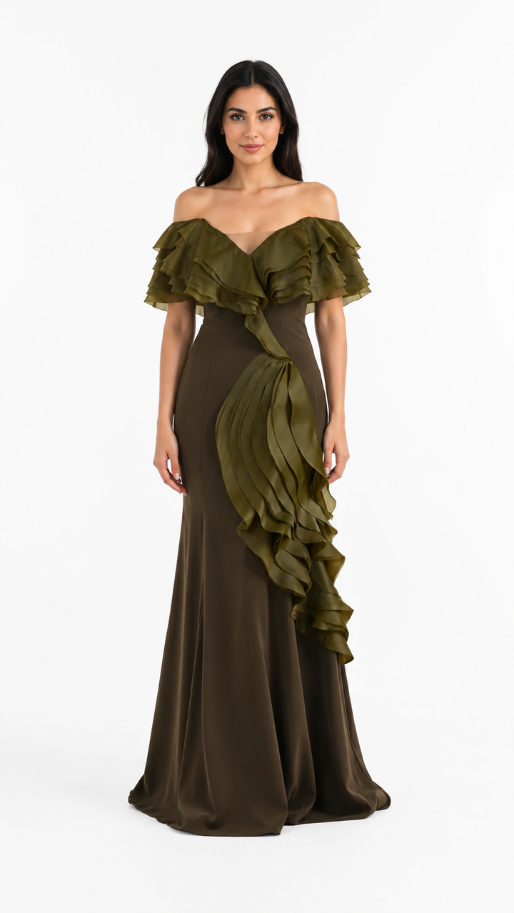 Olive Green Ruffle Draped Evening Gown – AMARIS