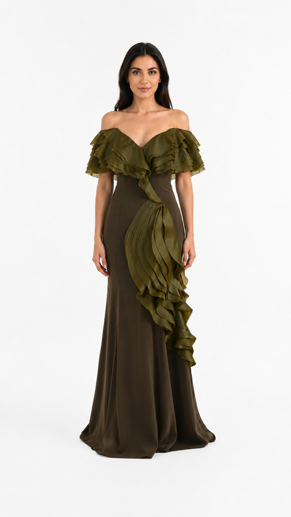 Olive Green Ruffle Draped Evening Gown – AMARIS