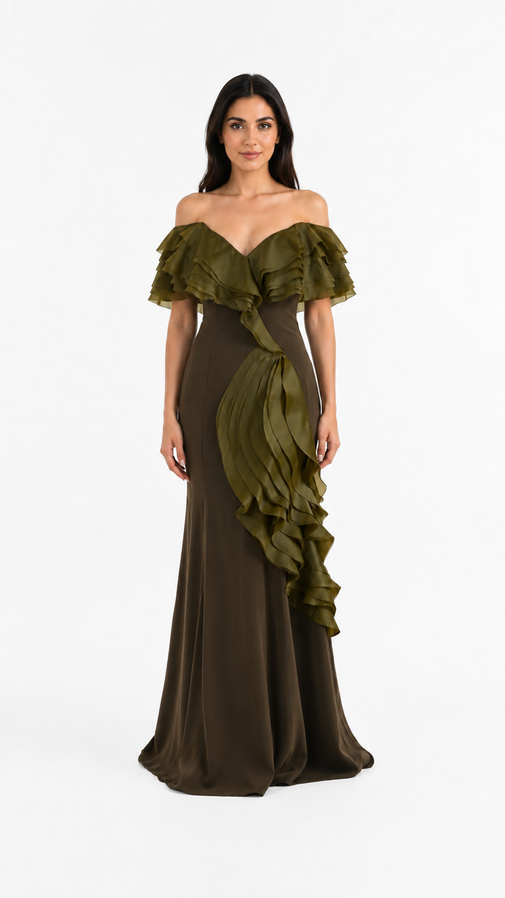 Olive Green Ruffle Draped Evening Gown – AMARIS
