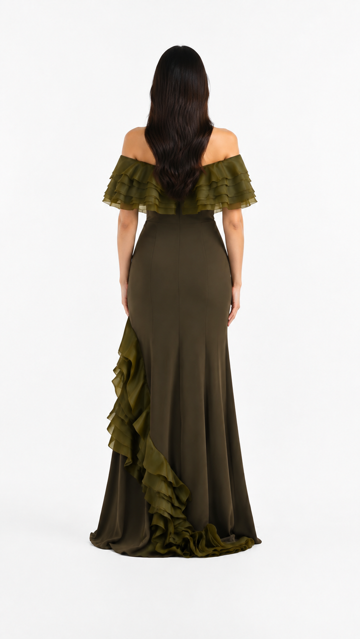 Olive Green Ruffle Draped Evening Gown – AMARIS