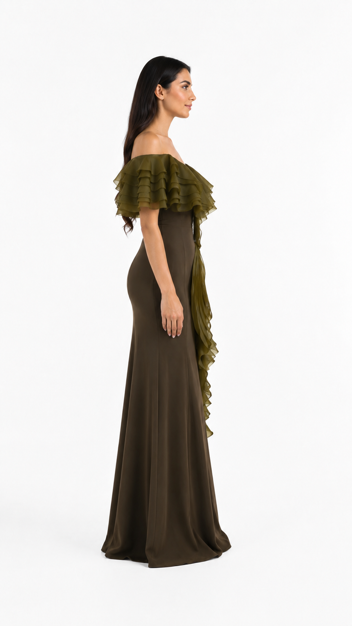 Olive Green Ruffle Draped Evening Gown – AMARIS
