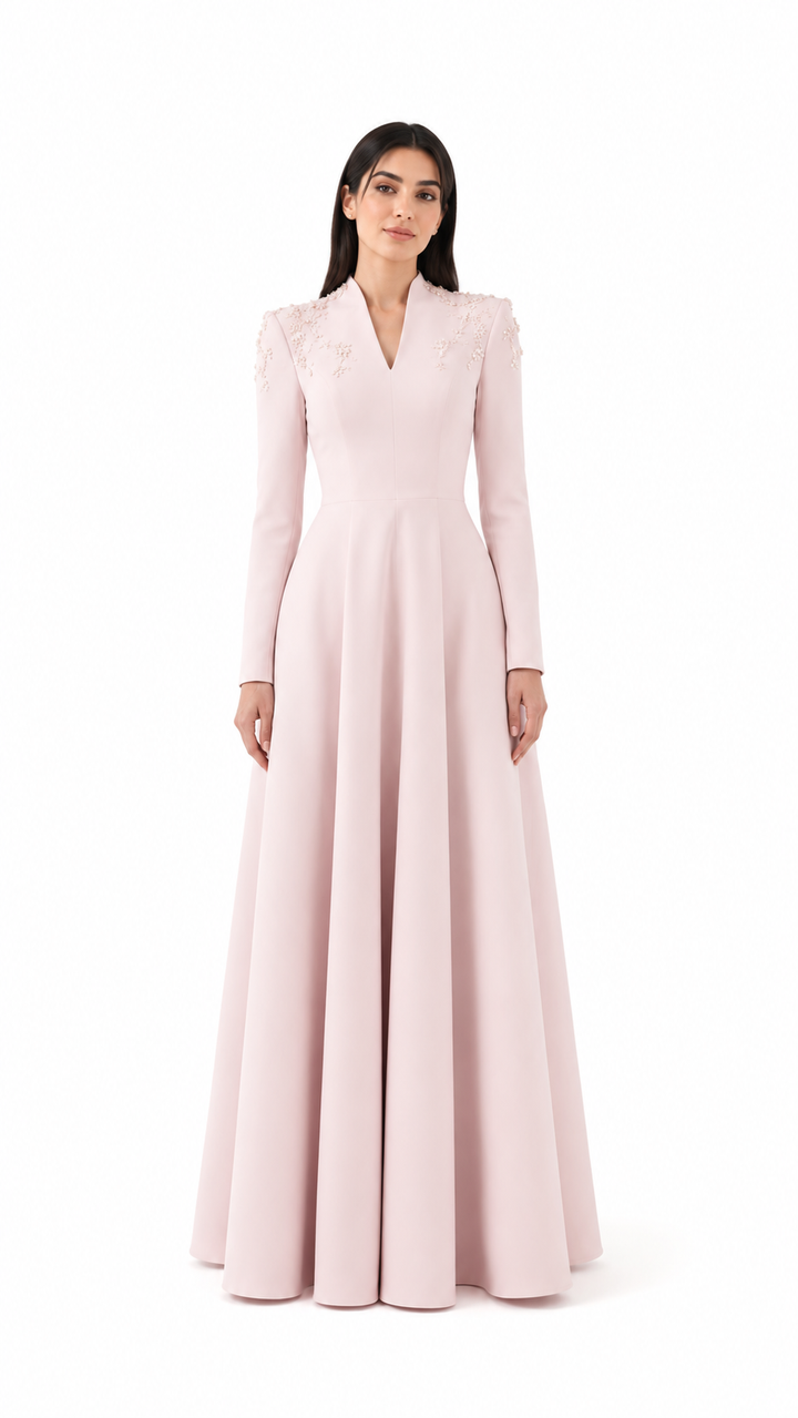 Blush Pink Embellished Shoulder Evening Gown – SERELIA