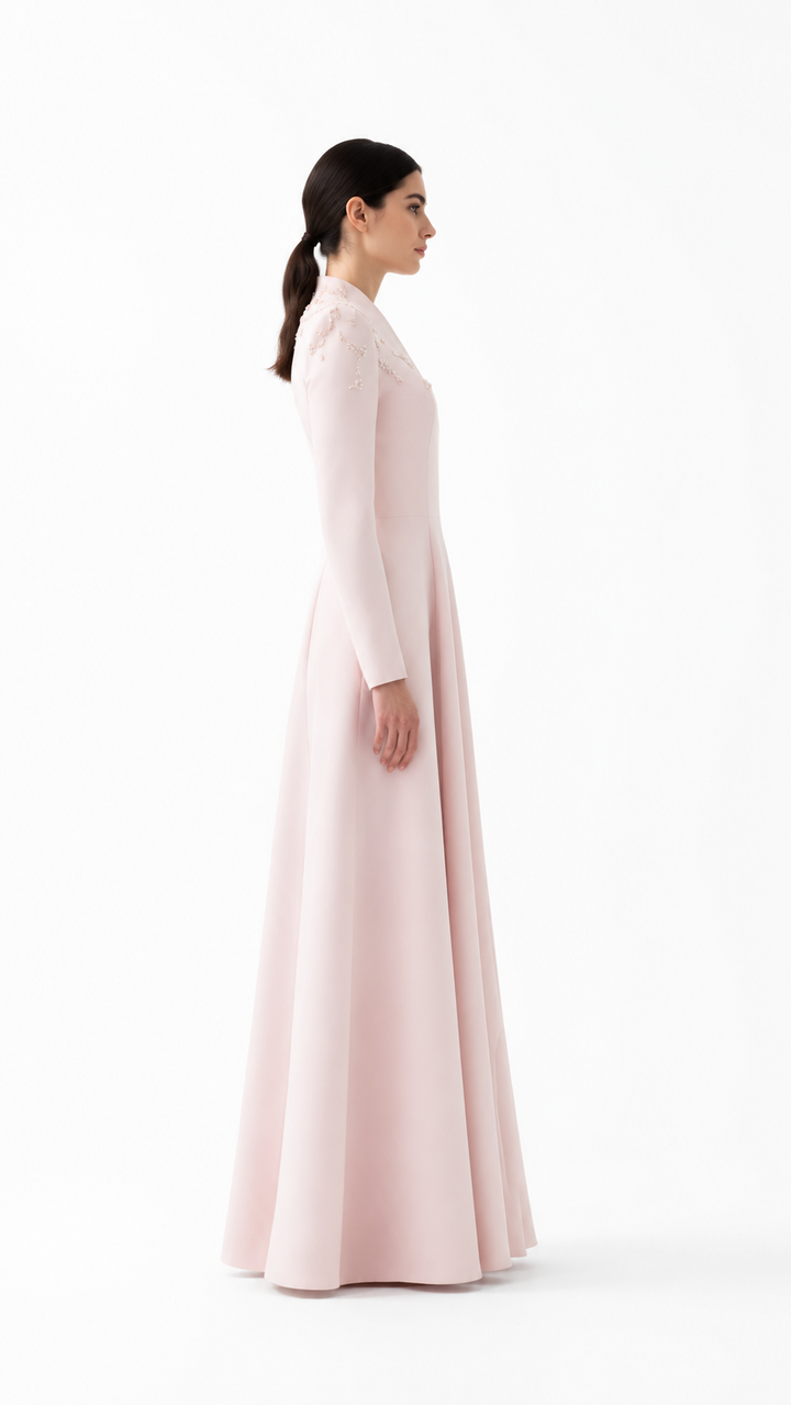 Blush Pink Embellished Shoulder Evening Gown – SERELIA
