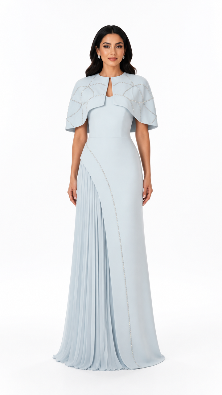 Ice Blue Cape Pleated Evening Gown – ELVAYA