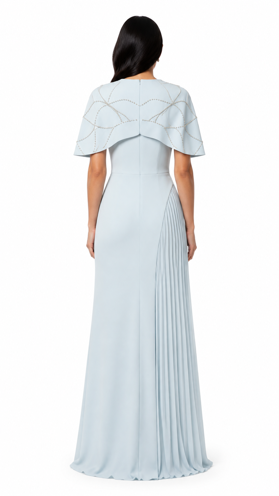 Ice Blue Cape Pleated Evening Gown – ELVAYA