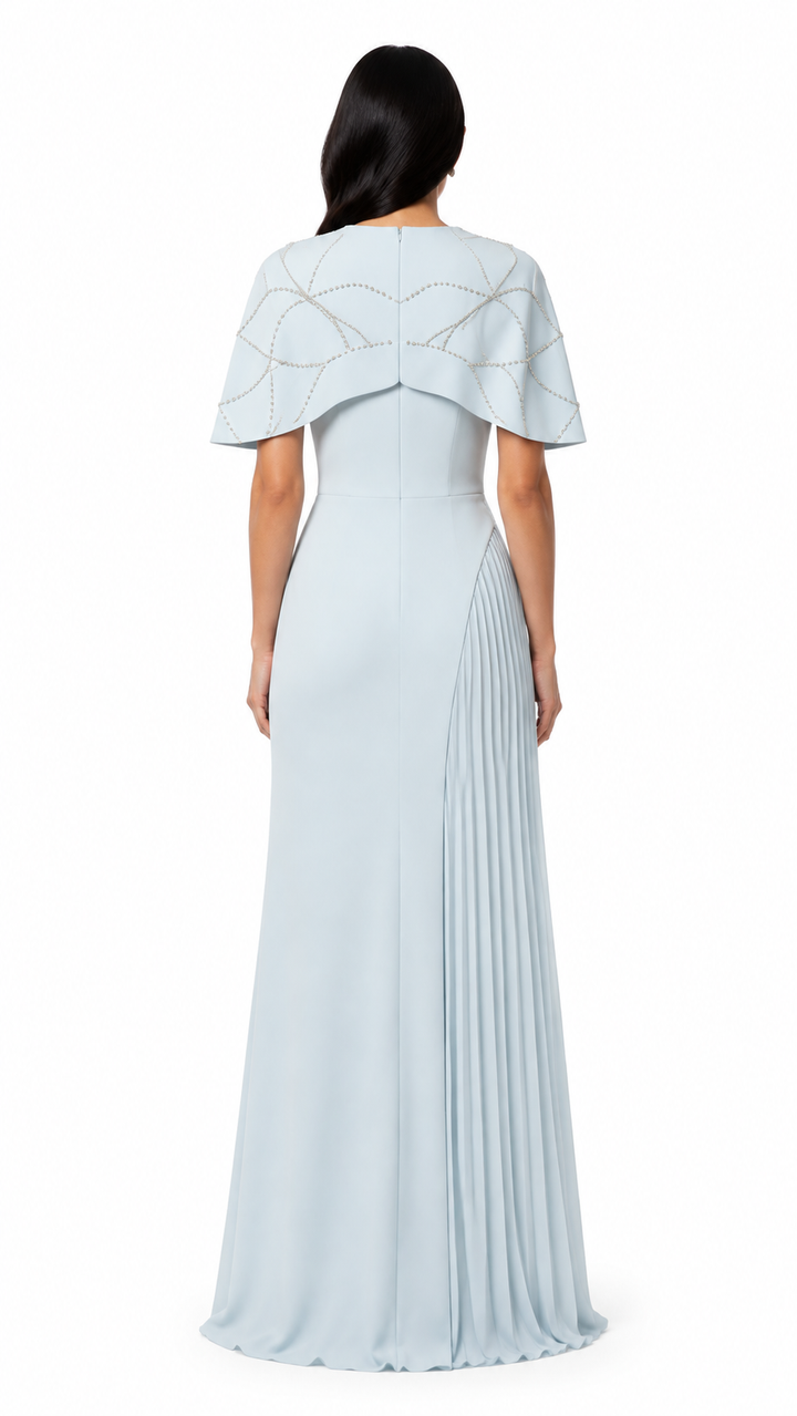 Ice Blue Cape Pleated Evening Gown – ELVAYA