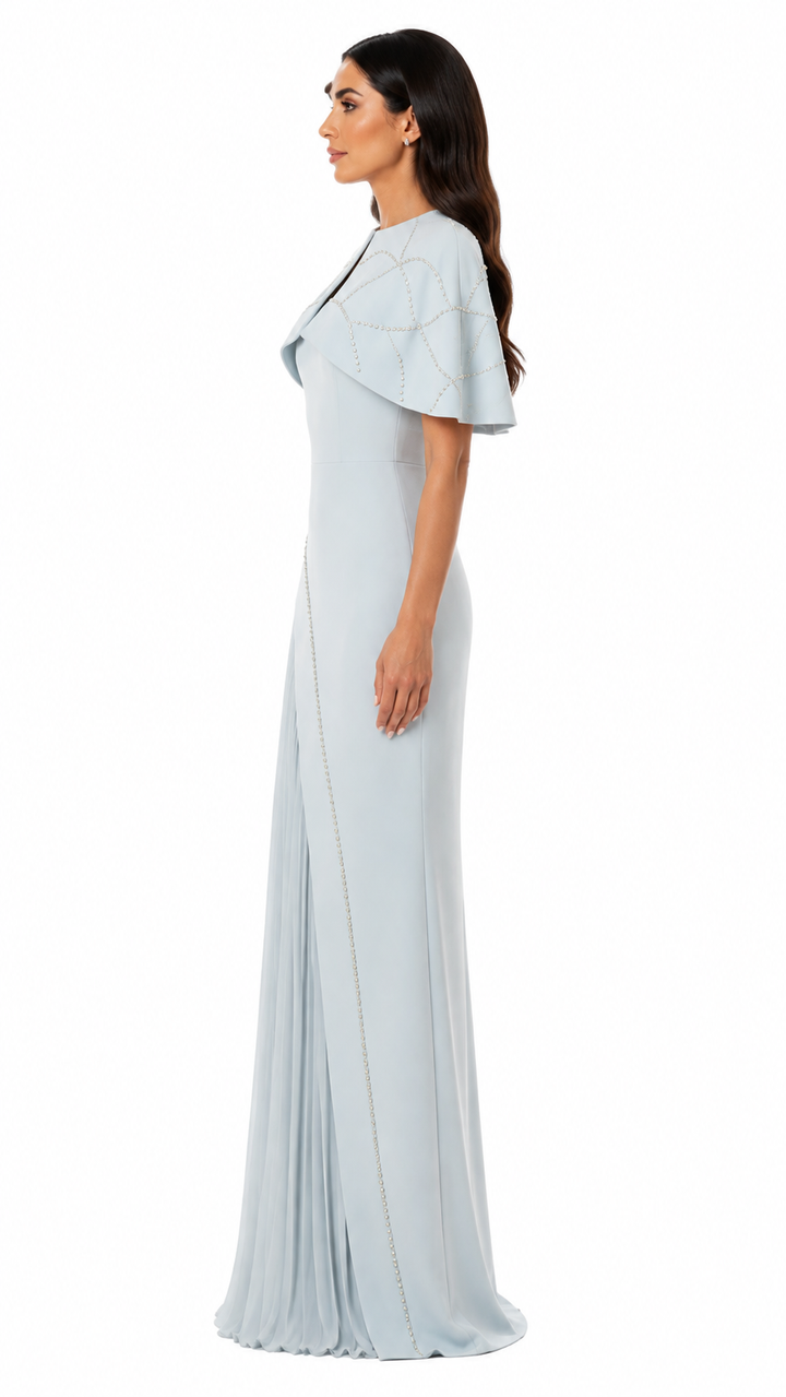 Ice Blue Cape Pleated Evening Gown – ELVAYA