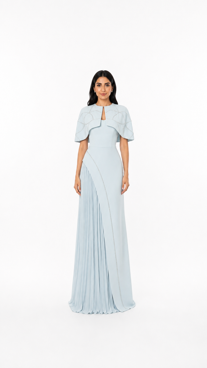 Ice Blue Cape Pleated Evening Gown – ELVAYA