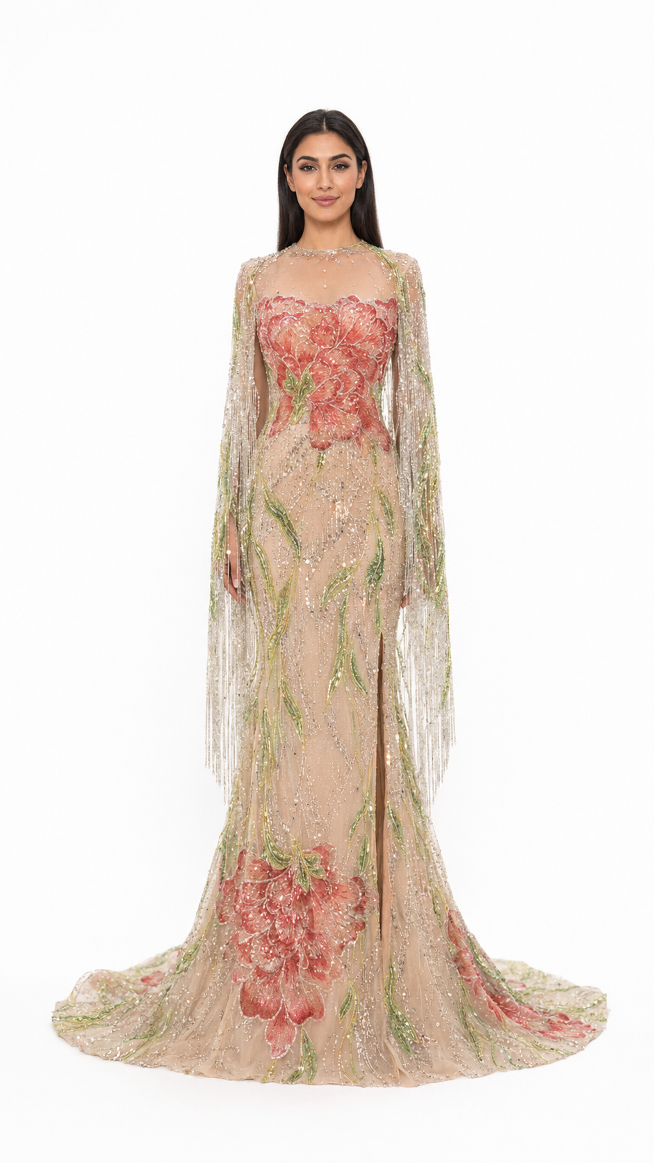Champagne Floral Embellished Cape Evening Gown – FLORÉVA