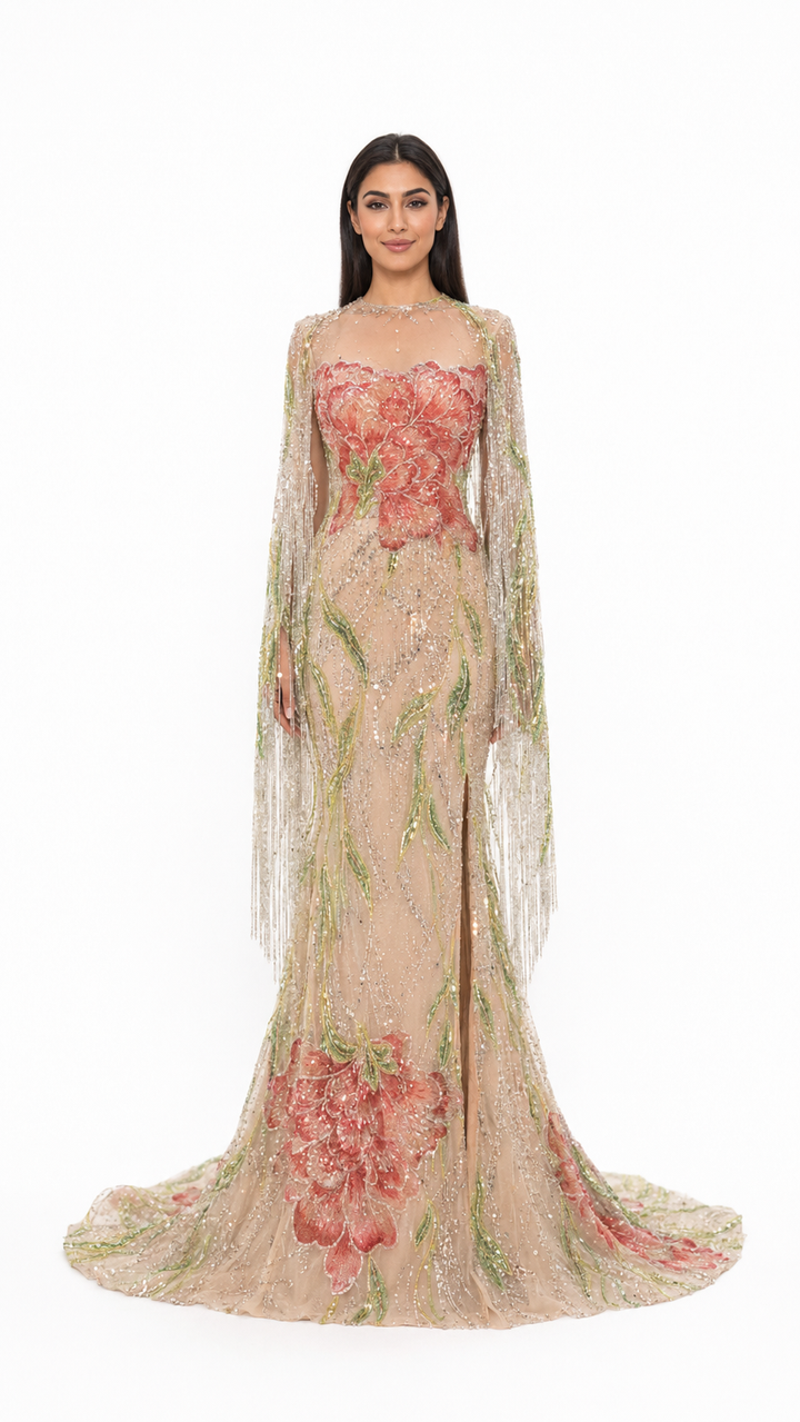 Champagne Floral Embellished Cape Evening Gown – FLORÉVA