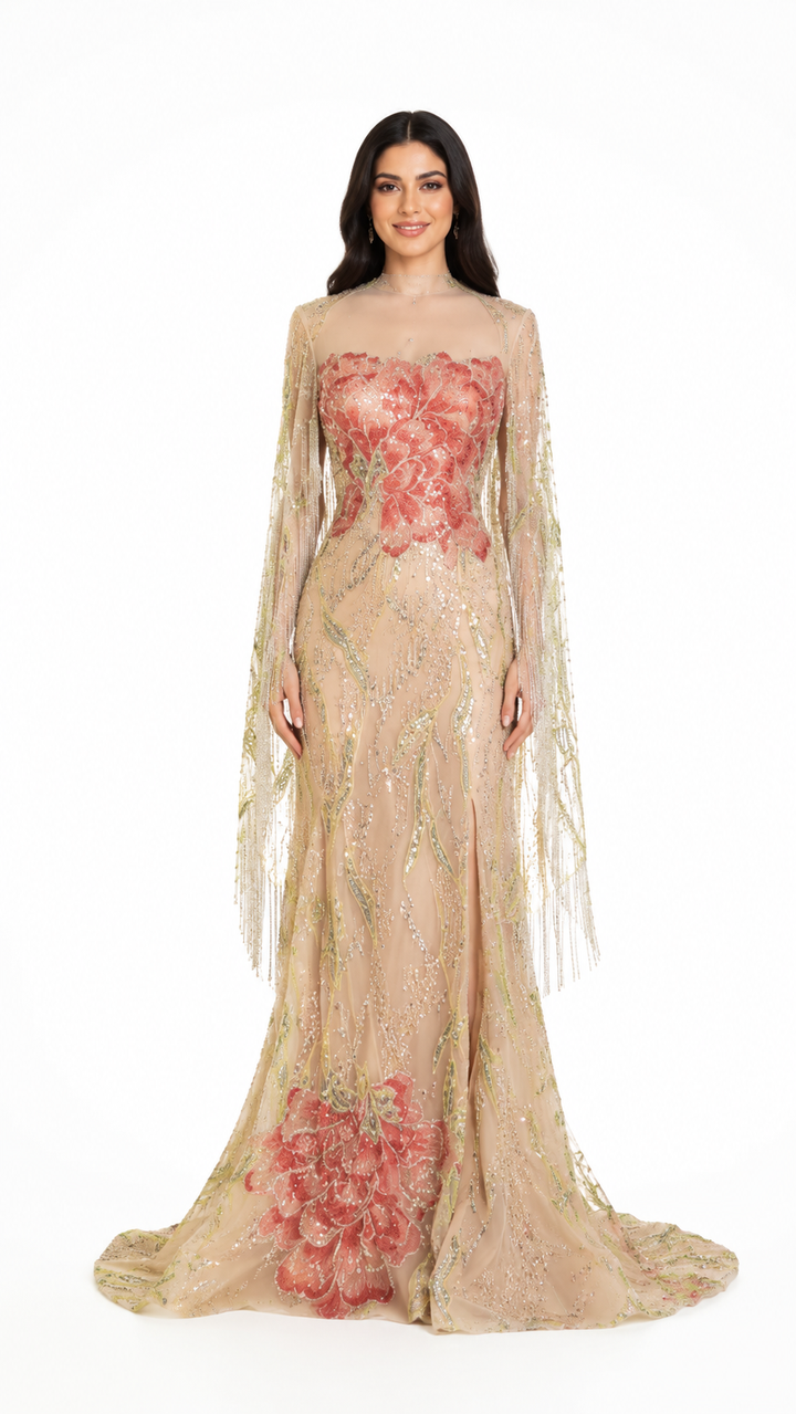 Champagne Floral Embellished Cape Evening Gown – FLORÉVA