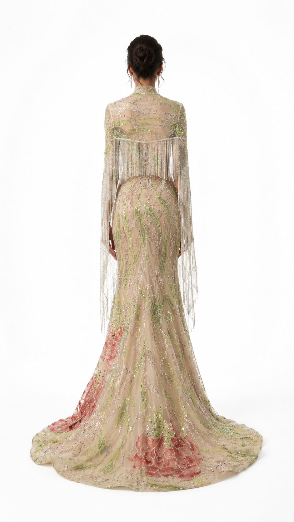 Champagne Floral Embellished Cape Evening Gown – FLORÉVA